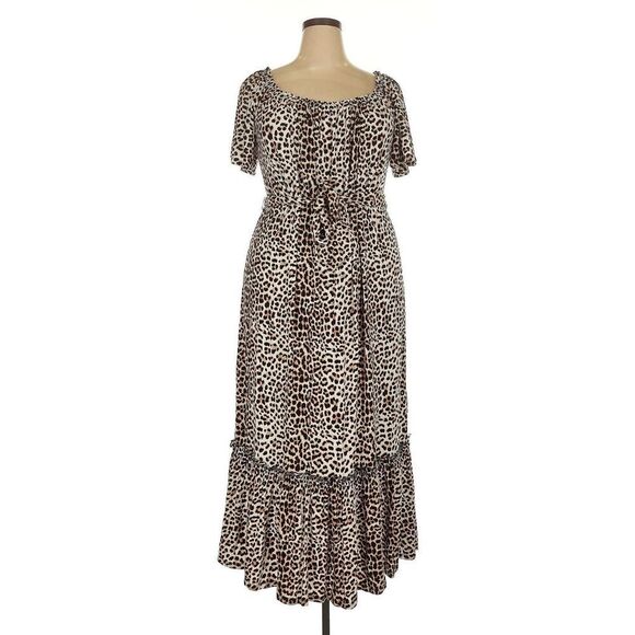 Avenue Women's Plus Size 18-20 Leopard Print Belted Midi Milkmaid Ruffle Dress - Picture 1 of 5